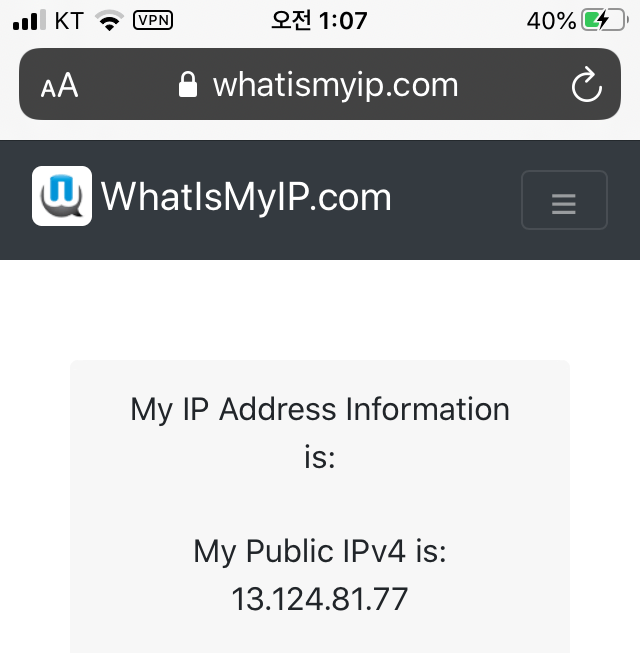 VPN에 접속한 이후 퍼블릭 IP가 VPN 서버로 바뀌었는지 확인해봅니다.