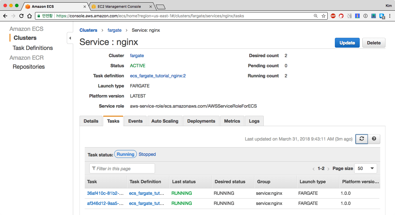 파게이트 태스크가 실행(RUNNING) 상태가 된 것을 확인