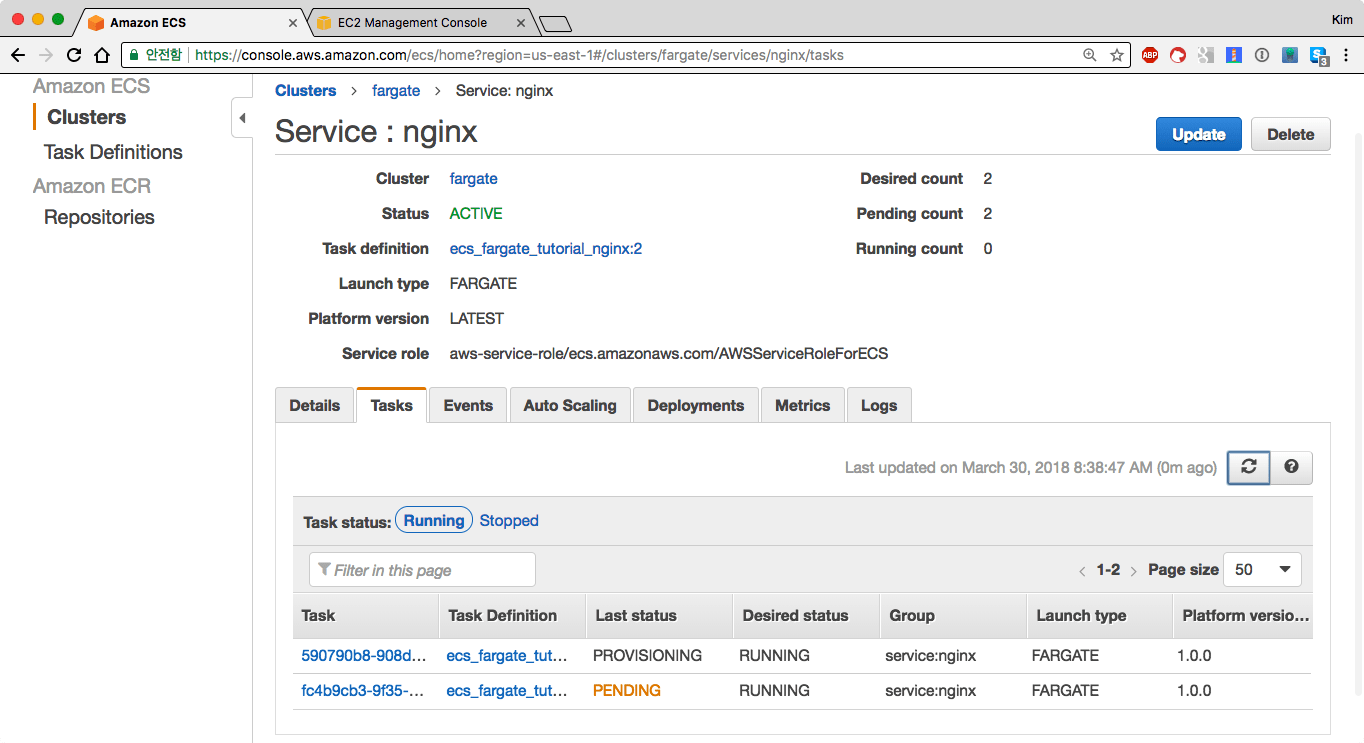 서비스를 실행되면 파게이트 태스크가 실행됩니다. 서비스의 태스크 탭에서 확인합니다