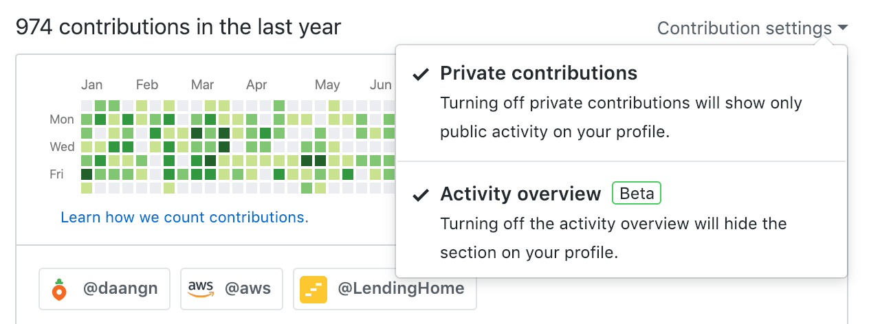 비공개 저장소에서 작업한 내역이 잔디에 반영되도록 컨트리뷰션 설정을 변경한다