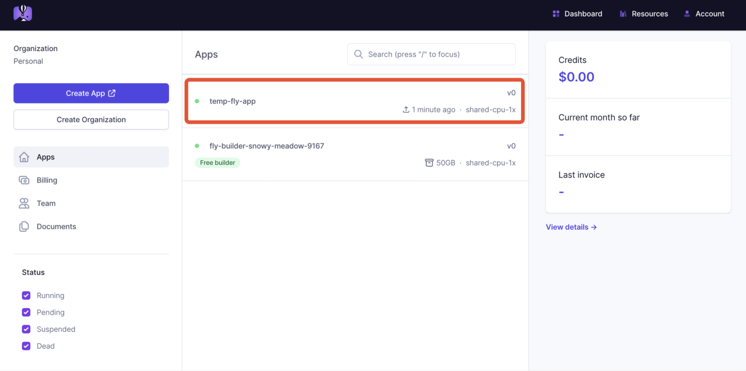 fly.io 대시보드에 추가된 앱