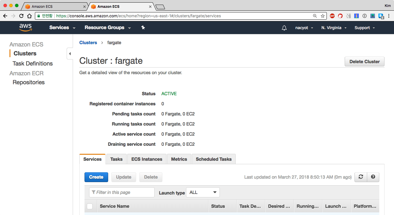 새롭게 생성한 fargate ECS 클러스터의 정보
