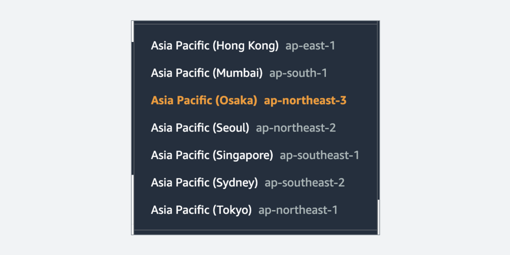 AWS 콘솔에서도 오사카 리전을 확인할 수 있습니다